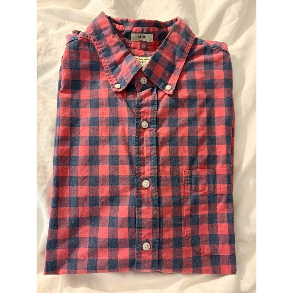 J.Crew Mens Cotton Short Sleeve Buffalo Check Shirt Red Blue Large Slim Stretch